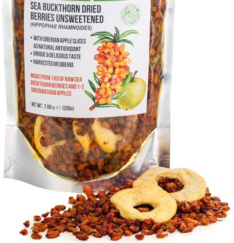 Bayas secas de espino cerval de mar siberiano (200 g) sin azúcar 100% puras, crudas, naturales, silvestres y cosechadas premium