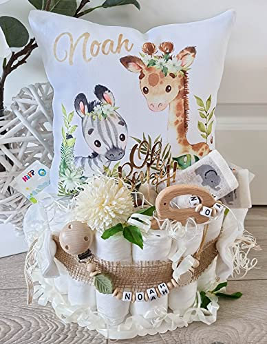 Windeltorte mit Name - Kuschelkissen Giraffe Zebra I Schnullerkette & Greifling - Geschenk, Babyparty, Geburt oder Taufe + auf Wunsch, gratis Grußkärtchen