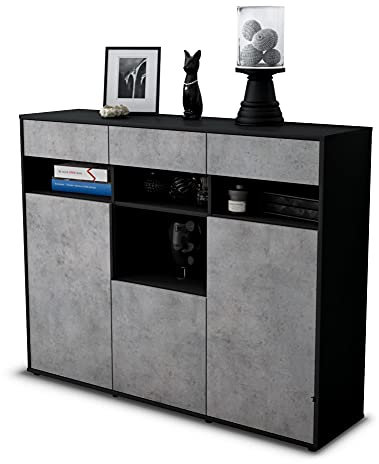 Stil.Zeit Highboard Kommode Nicole, Korpus anthrazit matt, Front Industrie-Design Beton (136x108x35cm), Push-to-Open Technik & Leichtlaufschienen