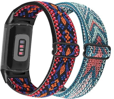 YOOSIDE 2PCS Elastischer Armbänder für Fitbit Charge 6 / Charge 5, Weiches Nylon-Armband mit dehnbarer Schlaufe Uhrenarmbänder mit verstellbarer Schnalle für Fitbit Charge 5 (Rot Blau- Rosa Blau)