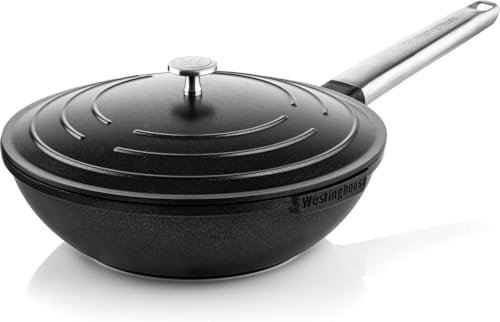 Westinghouse PERFORMANCE SERIES Wok Pfanne mit Deckel, Beschichtete Pfanne 28 cm mit Edelstahl-Griff, Bratpfanne Induktion, Für jeden Herd, Non Stick Pan, Ofenfest & Spülmaschinenfest, Schwarz