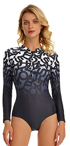 Beachkini Traje de baño para Mujer con protección Solar, Traje de baño de Manga Larga, Ropa de Surf de una Pieza con Cremallera,Gradiente de Letra,L