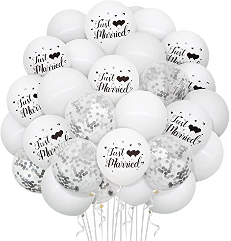 Bealif 30pcs Just Married Wedding Decoration Set, 12inch Just Married Balloons with Sliver Confetti Latex Balloons White Silver Decoration for Wedding, Bridal Shower, Engagement Party Supplies