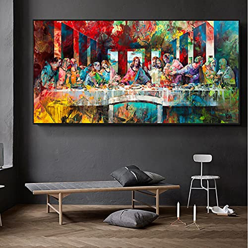 HOLEILUCK Bunte Art Da Vinci Last Dinner Leinwand Gemälde fertig zum Aufhängen Drucke Wandkunst Bilder Artwork für Wohnzimmer Dekor 55 x 100 cm (21,65 x 39,37 Zoll) mit Rahmen