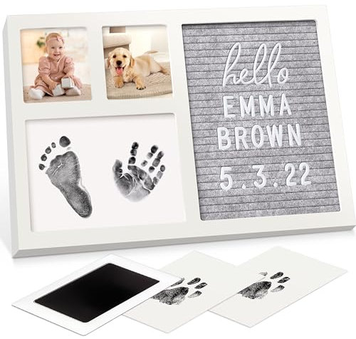 Baby Handabdruck und Fußabdruck Set mit Filz Letterboard, Clean Touch Stempelkissen - Bilderrahmen Baby fur Fußabdruck Baby, Handabdruck Baby für Neugeborene, Baby Dusche Abdruckset (Alpine White)