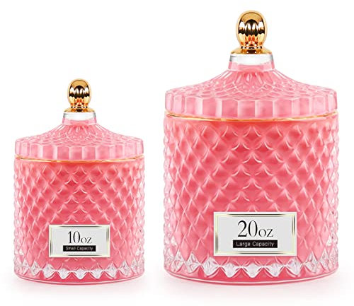 ALAMHI 2 Pack Glass Qtip Holder Apothecary Jars Bathroom Jars with Lids for Room Decor, Pink Bathroom Accessories Storage Organizer, Cotton Ball Pad Round Swab Holder sets Pink Decor, 20oz+10oz