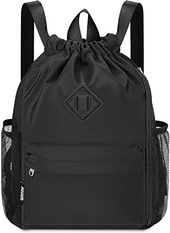 WANDF Rucksack mit Kordelzug, Sporttasche mit Schuhfach, wasserabweisender String-Rucksack Cinch für Damen Herren (Mittel,Schwarz)