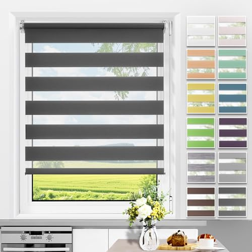 Allesin Doppelrollo Klemmfix ohne Bohren & mit Bohren, Duo Rollos für Fenster und Tür, Klemmrollo Fensterrollo lichtdurchlässig Sichtschutz, B60 x H230cm (Stoffbreite 60cm) Anthrazit