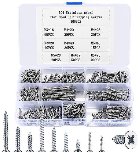 300 Pcs Wood Screws Assortment Set, Self Tapping Screws for Wood, M3 M4 M5 Cross Drive Flat Head Screws, Countersunk Head Fastening Screws for Plastic Wood Soft Metal Home DIY