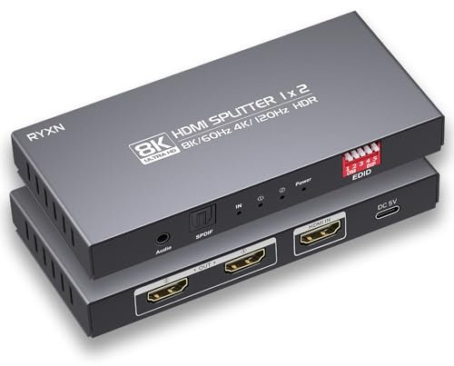 8K HDMI Splitter 1 in 2 Out 4K@120Hz 8K@60Hz HDMI 2.1 Splitter, Supports Audio Extractor, HDCP 2.3, EDID, HDMI Audio Out, for PS5/PS4, Xbox, Fire Stick, Blu-ray Player, Hue Sync Box