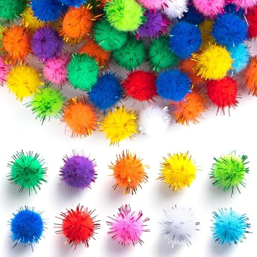 Luhaomisky 100 Stück mehrfarbige Mini-Lametta-Bälle mit Glitzer, kleine Pompons für Katzen, klein in der Größe und leicht, sicher zu verwenden