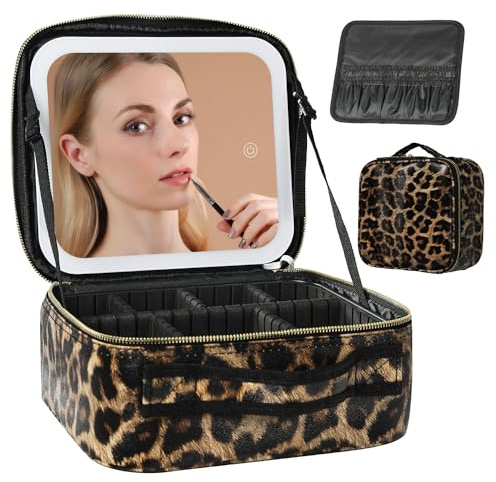 Behaesty Travel Makeup Bag with LED Lighted Mirror, Cosmetic Makeup Organizer Bag with 3 Color Setting, Makeup Train Case with Adjustable Dividers for Women Makeup Brushes, Leopard, Morden