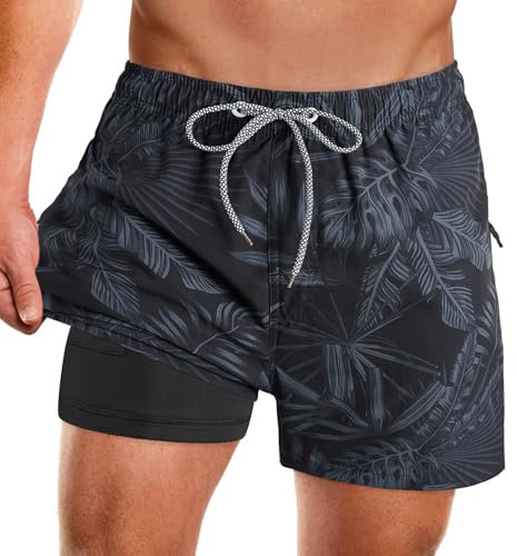 APTRO Herren Badeshorts Badehose mit Innenhose Schnelltrocknend Boardshorts mit Reißverschlusstaschen Sport Shorts Grau MK385 M