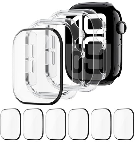 2 Stück Schutzhülle+6 Stück Displayschutz für Apple Watch 42mm 46mm 44mm 40mm 45mm 41mm,mit Schutzfolie Locator, Kratzfester Stoßfest Schutz Case für iWatch SE Serie 10/9/8/7/6/5/4(Nicht für Serie 3)