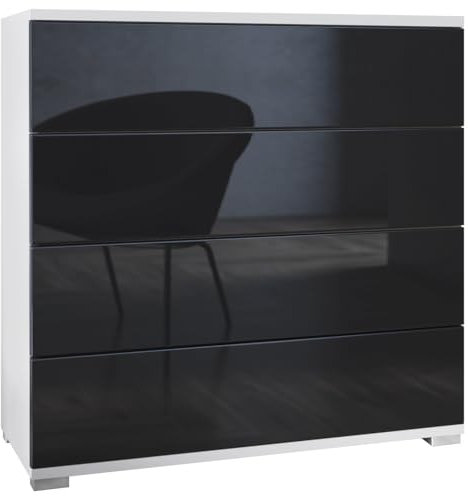 Vladon Kommode Pavos V3, Sideboard mit 4 Schubladen Weiß matt/Schwarz Hochglanz (76 x 76 x 35 cm)