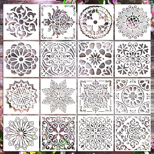 16 Stück Mandala Schablonen Set,Ymapinc Textilgestaltung Schablonen Wiederverwendbare Schablone Blumen Schablone Laserschnitt Malschablone für DIY Handwerk Scrapbooking Malen,15x15cm