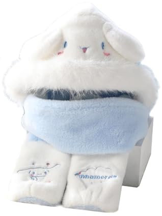 Roffatide Flauschige Plüsch Cinnamoroll Beanie Mütze Schal Handschuhe 3-in-1,Weiche warme Winter Kopf tragen niedliche Hüte für Frauen,Kunstpelz Sherpa Kapuzenmütze mit Schal und Handschuhen Blau