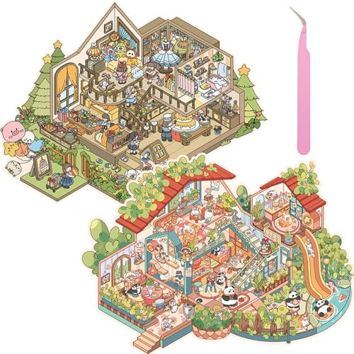 Wnqou 2 Sets DIY 3D Haus Aufkleber, Cute Cat's Big House, große simulierte Hütte Szene, Niedliche Cartoon-Szene Sticker für Erwachsene und Kinder, Spaß Familie Party Hütte Aufkleber für Mädchen