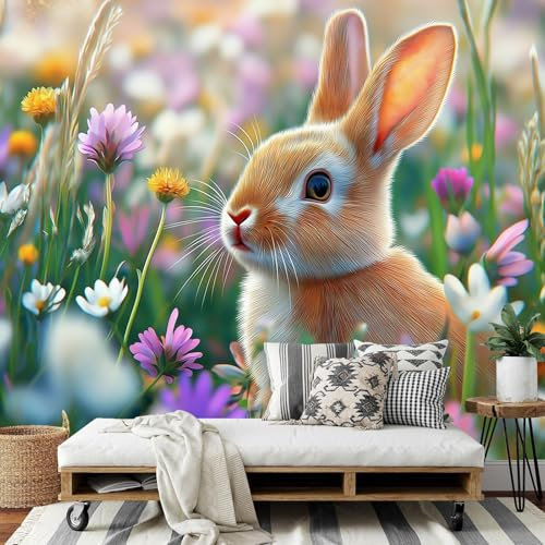 Fototapete 308x220cm (B×H), Süß Wanddeko Foto Tapete Schlafzimmer Wohnzimmer Seidentuch tapete, Blumenwiese Hase Motivtapeten Bildtapete 3D Effekt Wand Dekoration