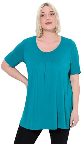 Ulla Popken Damen große Größen Übergrößen Plus Size T-Shirt, Zierfalten, A-Linie, Rundhals, Halbarm, Modal dunkel Petrol 46+ 796473769-46+