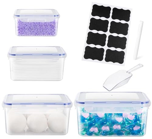 Gzsekken Laundry Pods Storage Container, 4 Pack Washing Pods Powder Storage Container with Clips & Lids, Plastic Storage Box 8 Labels for Laundry Detergent, Dryer Sheet, Scent Beads, Bath Bombs