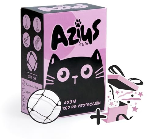 Azius PETS® Red para Gatos Reforzada | 4x3m | Red para Gatos terraza | Incluye Set de fijación | Red Reforzada con Alambre para Gatos | Malla Protectora para Balcón | Malla para Gatos Ventanas