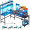 HLONONE Gaming Tisch mit LED, 170 x 100 cm Gaming Schreibtisch L Form mit 3 Steckdosen und 2 USB, Reversibel Eckschreibtisch, Computertisch mit Monitorständer und Aufsatzregal, Kohlefaser Schwarz