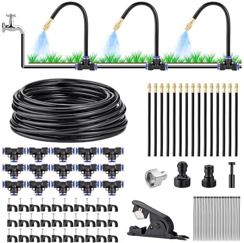 Filhome Bewässerungssystem 15m Nebelleitung, 15 verstellbaren Sprühdüsen, 3/4 & 1/2 Adapter,Outdoor Nebelkühlsystem für Garten Terrasse Balkon