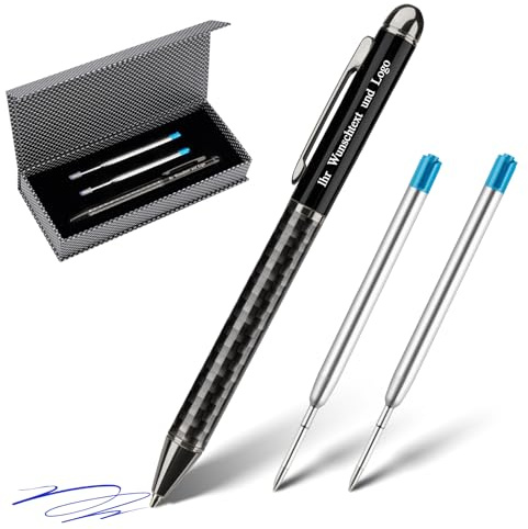 Lindahandel Kugelschreiber mit Gravur Kugelschreiber Personalisiert 0.7 mm Minenstärke, 2 Minen, ölbasierte Tinte in Geschenkbox (Blau) – Personalisierte Geschenke für Frauen, Männer, Lehrer