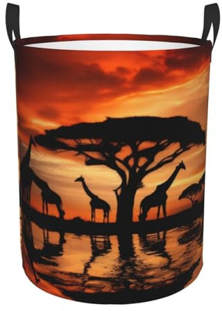 Giraffe unter dem Baum in Afrika Wäschekorb, wasserdicht, rund, schmutzige Kleidung, niedlicher Kinderzimmerkorb, faltbare Aufbewahrungskörbe mit Griffen für Büro, Schlafzimmer, Bad
