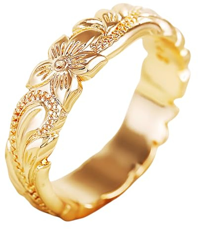 BlingNook Zierlicher klobiger Blumen-Ring für Damen, 14 Karat Schnitzprozess, graviert, Plumeria, stapelbar, kleine Daumenringe, Hochzeit, Versprechen, Verlobung, Paare, Herren, Schmuck, Geschenk