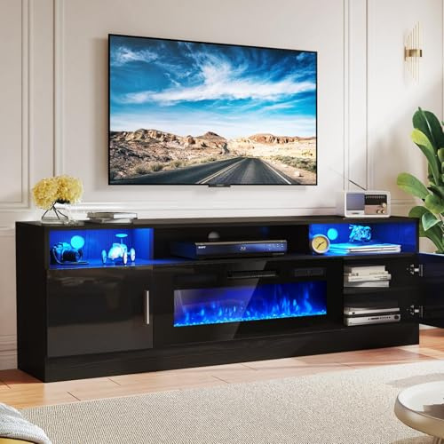 MXV - Soporte de TV con Chimenea de 78 Pulgadas con Toma de Corriente para televisores de hasta 90 Pulgadas, Centro de Entretenimiento para Chimenea eléctrica con Luces LED y gabinetes