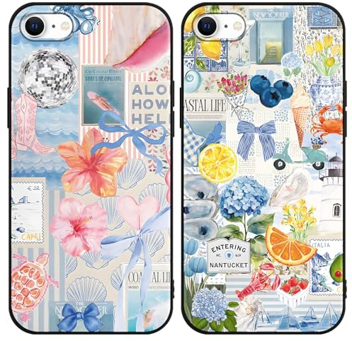 Vxinvnoi 2 Stück Handyhülle für iPhone 8/7/SE 2020/SE 2022 Hülle, Collage Motiv Aesthetic Obst Blumen Bunt Sommer Muster Mädchen Case, Weich Silikon TPU Stoßfeste Schutzhülle für iPhone 7 4,7,Schwarz