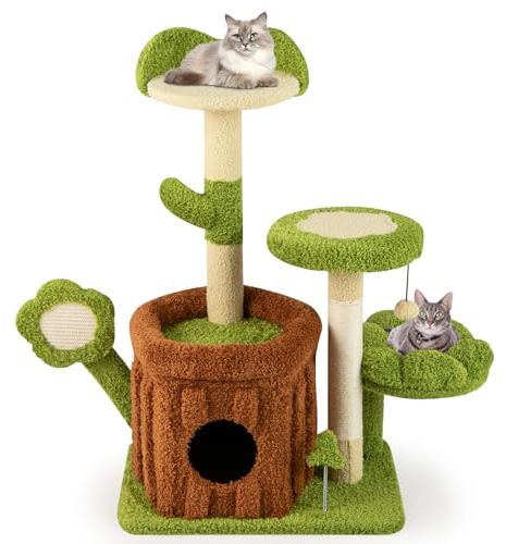 COSTWAY Albero per Gatti, Albero Tiragraffi per Gatto con Condominio Tronco, Trespolo a Fiore, Letto Imbottito, Pompom, Giocattolo a Molla e Piattaforme, Tiragraffi per Gatti da Interno