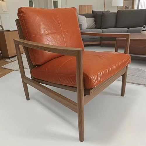KIBONCY Hank Massivholz-Sessel – Retro-Loungesessel, bequemes Sofa for Wohnzimmer, Schlafzimmer und Balkon, Vintage-Stoffbezug(Orange)