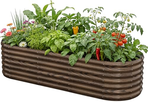 SUNYRISY Hochbeet Metall für Garten, 240x90x60cm Verzinkter Stahl Pflanzkasten Blumenkasten Kräuterbeet Pflanzbeet Blumenbeet Hochbeet-Kit für Garten Balkon Terrasse, Holzfarbe Ellipse