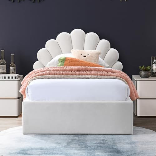 Kids Collective Kinderbett Polsterbett 90x200 cm Kinder Bett Jugendbett mit Lattenrost & Metallrahmen | Kopfteil in Elegantes Muschel-Design | Beige