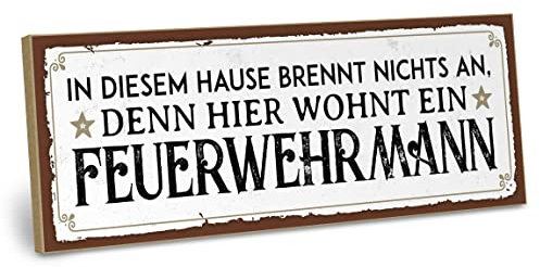 ARTFAVES® Wandbild Holzschild mit Spruch - HIER WOHNT EIN FEUERWEHRMANN - Türschild Retro Vintage Deko Bild Geschenk - Trends, witzige Sprüche