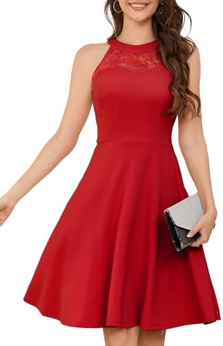 Bbonlinedress Robe Femme Chic et Elegant de Soirée Mariage Style Halter Vintage A Ligne pour Cocktail Bâpteme Bal Promo Anniversaire Témoin sans Manches Red S
