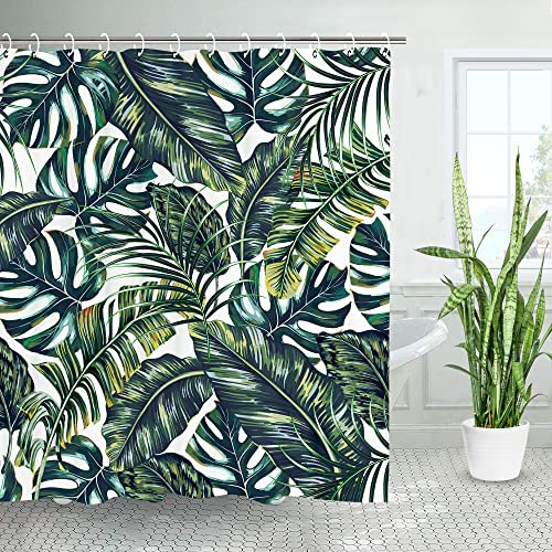 LIVILAN Duschvorhang Tropische Blätter Monstera Stoff Badezimmer Vorhänge Set mit Haken Grün Sommer Badezimmer Dekor maschinenwaschbar 183 x 198 cm