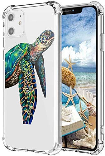 MAYCARI Multicoloured Turtle Case Clear for iPhone 11, Art Animals Design Transparent Shockproof Anti-Scratch Soft Flexible TPU Cover with Air Cushion for Men&Women