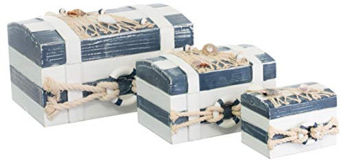Brandsseller 3er Truhenset Aufbewahrungsboxen Deko Holzkisten Strand-Stil mit Maritimen Accessoires Blau/Weiß