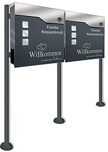 Doppel Standbriefkasten mit FUNKKLINGEL ANTHRAZIT - aus pulverbeschichtetem Stahl - mit Zeitungsrolle und Doppel Standfuß