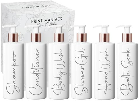 Print Maniacs White Mrs Hinch Inspired Personalised 500ml Bottles Bathroom Lotion Kitchen Shampoo Conditioner Rose Gold Pump (Set 6, F2) (Grey)