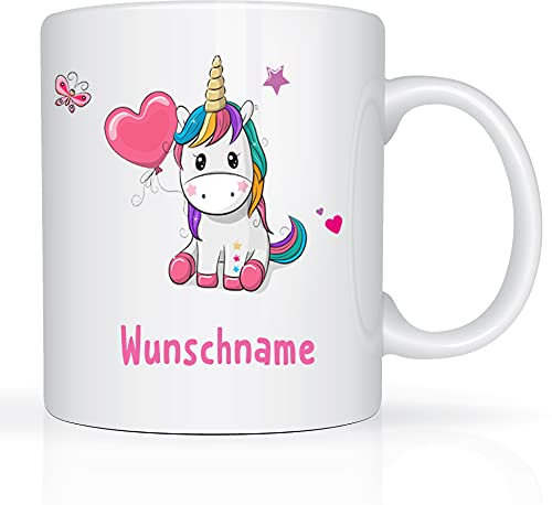 Tasse mit Namen und Einhorn Motiv Bedruckt Namentasse Namensbecher Einhorn mit Herz für Mädchen Kindertasse Weiß Unicorn Unisize Geschenktasse Spruchtasse Keramik mit Druck Kinder Tasse 330ml