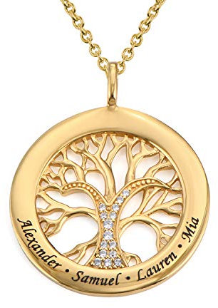 MYKA Family Tree Personalised Engraved Circle Necklace with CZ Stones-Custom Jewellery 18k Gold Plating