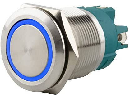 SeKi Edelstahl Drucktaster Ø22mm tastend flacher Kopfform farbig beleuchtetem LED Ring in blau Schraubanschluss; Klingeltaster