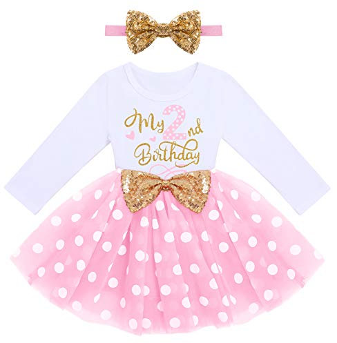 Enfant Bébés Filles Mon 2ème Anniversaire Robe Princesse Manche Longue 2 Ans Fête Vêtements Deuxième Anniversaire Soirée Pois Tulle Jupe Noeud d'or Bandeau Photographie Tenue Rose Pois 2 Ans