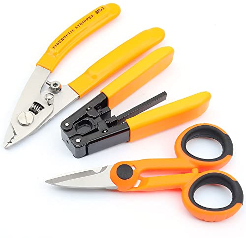 FTTH Glasfaser-Werkzeugset mit Glasfaserkabel, Abisolierzange CFS-3, Edelstahl, 3-Port-Loch, optische Kevlar-Schere, Aramid-Schere, Faser-Kaltanschluss (3-in-1)