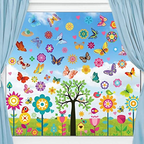 FullJoyHut Fensterbilder Frühling Selbstklebend, Klebefolie Anti-Kollision Aufkleber Fenster Deko Frühling Fenstersticker Blumen Schmetterling Baum Fensterfolie Fensterdeko